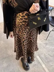 HH 2024 Female Elegant Midi Skirts Retro Leopard Print High Waist Satin A-Line Women's Fashion Bottoms Streetwear Midi Skirt