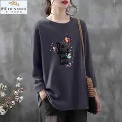 Women Clothing Fashion Pure Cotton O-neck Long Sleeve T-shirt Autumn Casual Loose Butterfly Print Tee Office Lady Elegant Tops