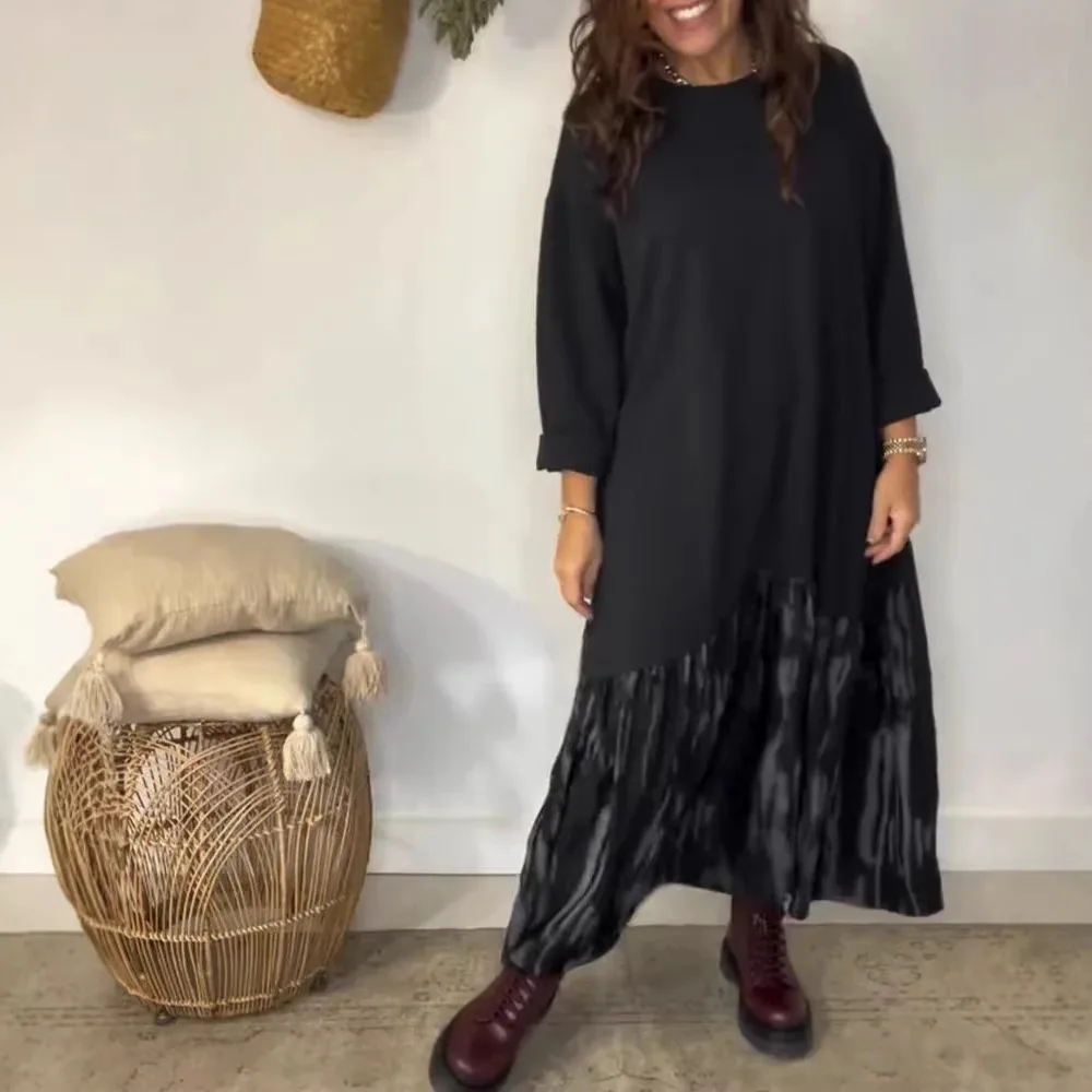 

2026 Весеннее свободное длинное платье с круглым вырезом и принтом тай-дай в стиле пэчворк со рюшами