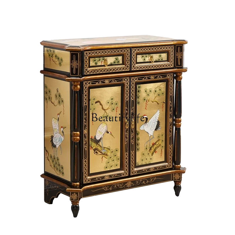 Solid Wood Entrance Cabinet Gold Foil Pine Crane Yannian Ming-Qing Period Painted Furniture Two Buckets Curio Cabinet