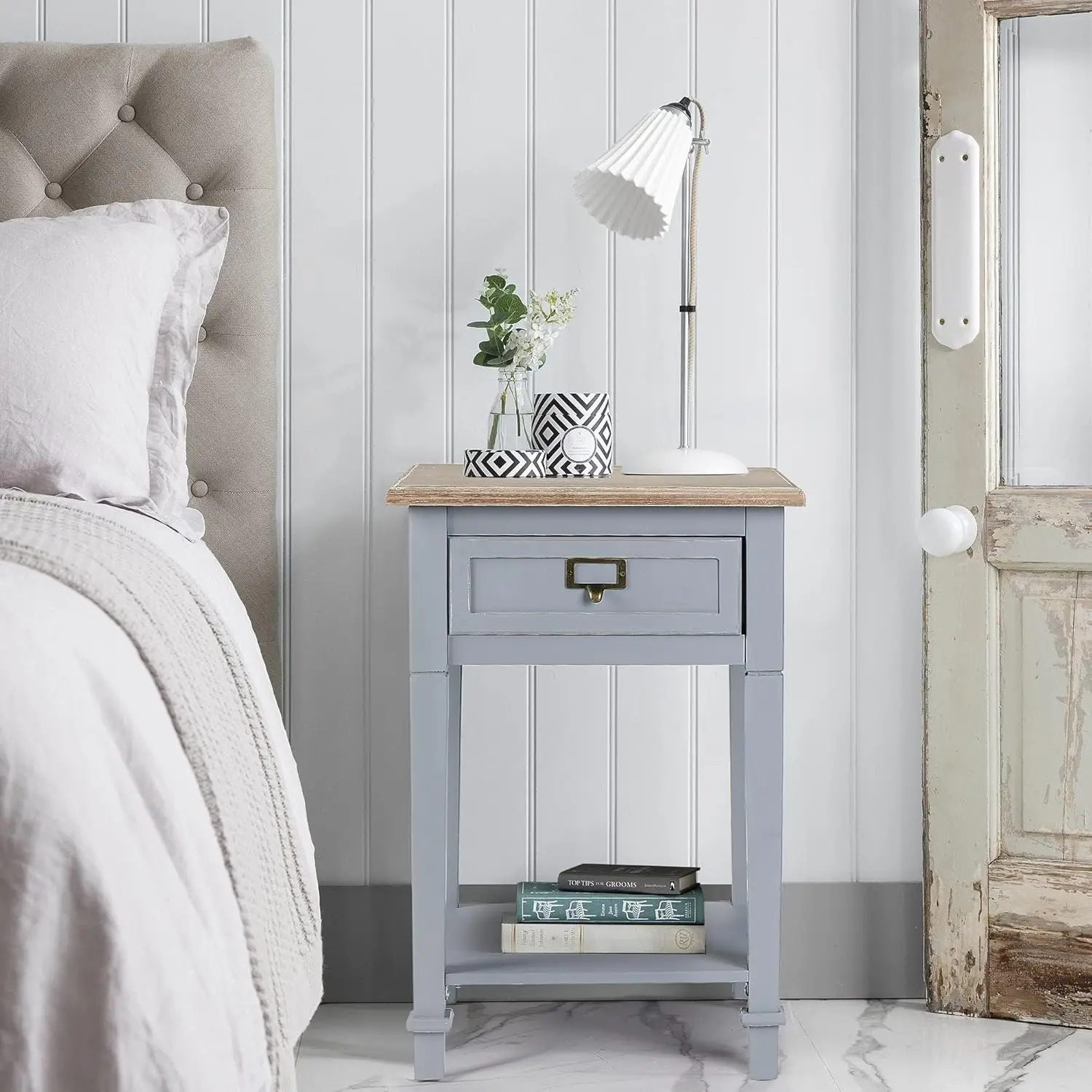 Rustic Farmhouse Accent End Table, Nightstand Side Tables with Drawers and Open Storage Shelf for Living Room Bedroom,