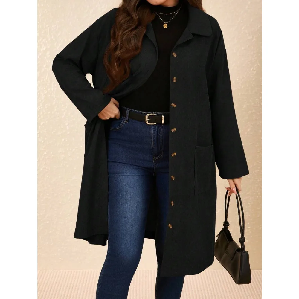 เสื้อโค้ทเทรนช์โค้ทผู้หญิงไซส์ใหญ่ รุ่น Winter Plus-Size สีพื้น กระดุมแถวเดียว สไตล์เรียบง่าย แฟชั่นลำลอง ใช้งานได้หลากหลาย