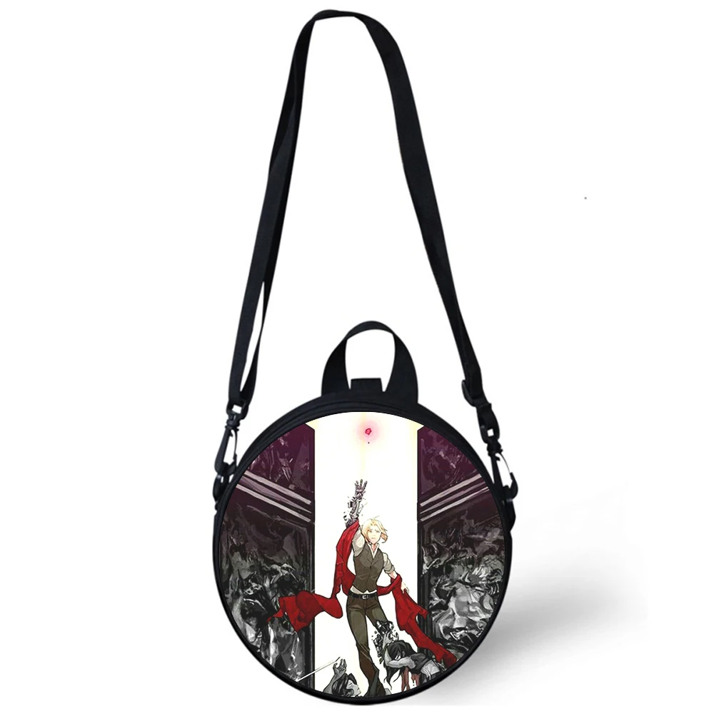 Fullmetal alchemist criança saco de jardim de infância impressão 3d crossbody sacos de ombro para a escola feminina mini bagpacks redondos rugtas saco