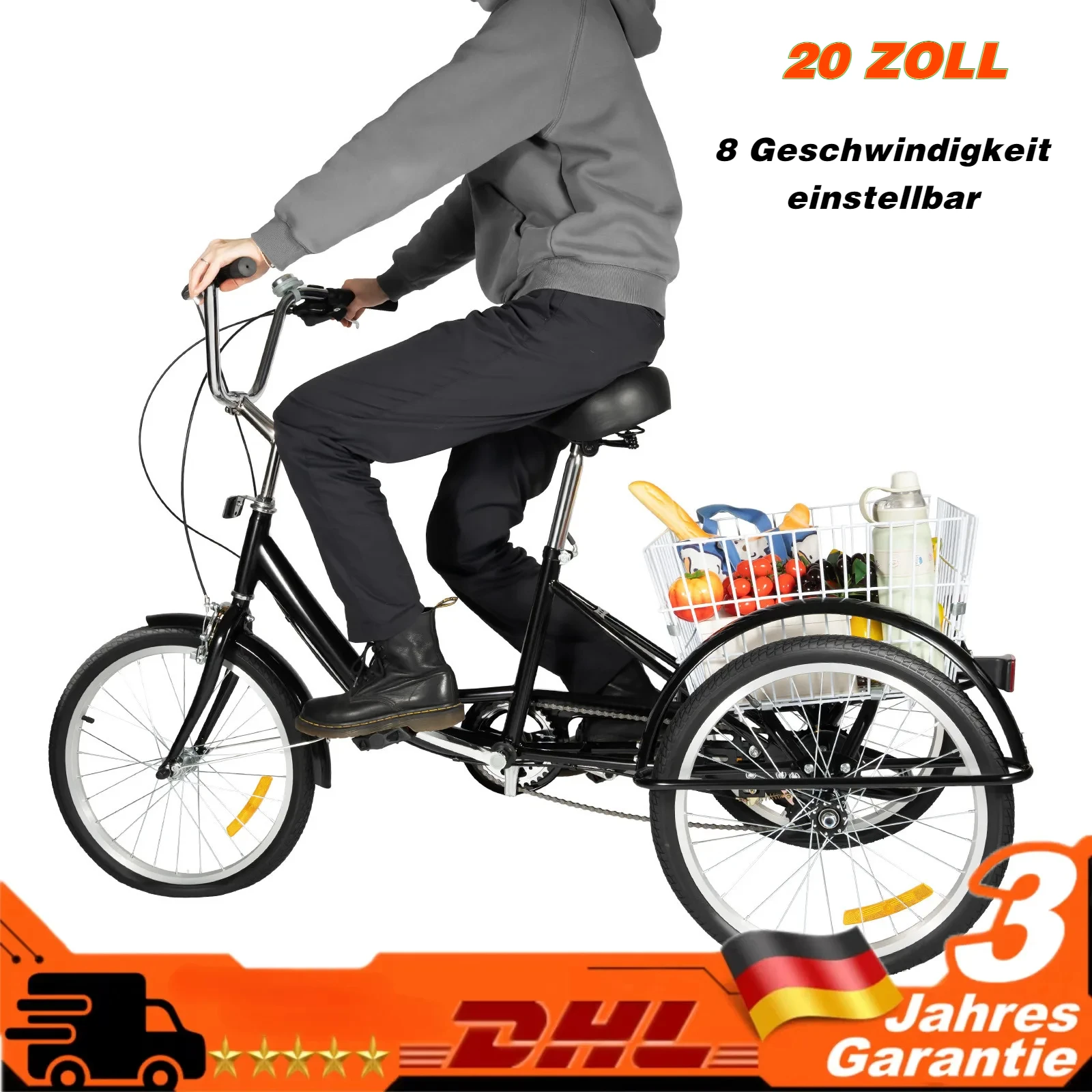 20 Inch  8-Speed Adult Tricycle 3-Wheel Biked Trike Bicycle with Shopping Basket for Entertainment Shopping or Exercise