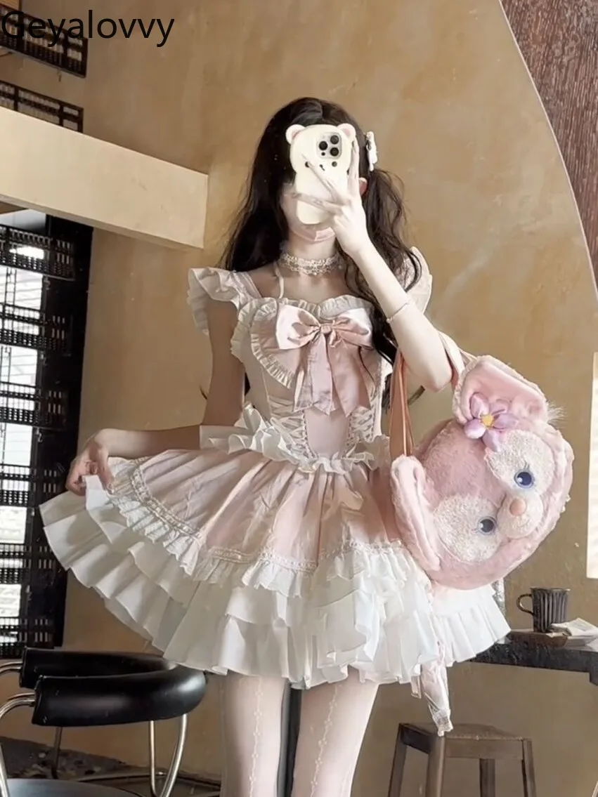 

Summer Sweetheart Lolita Pink Princess Dress Flying Sleeve Bow Heavy Industry Ball Gown Elegant Sleeveless Short Dresses