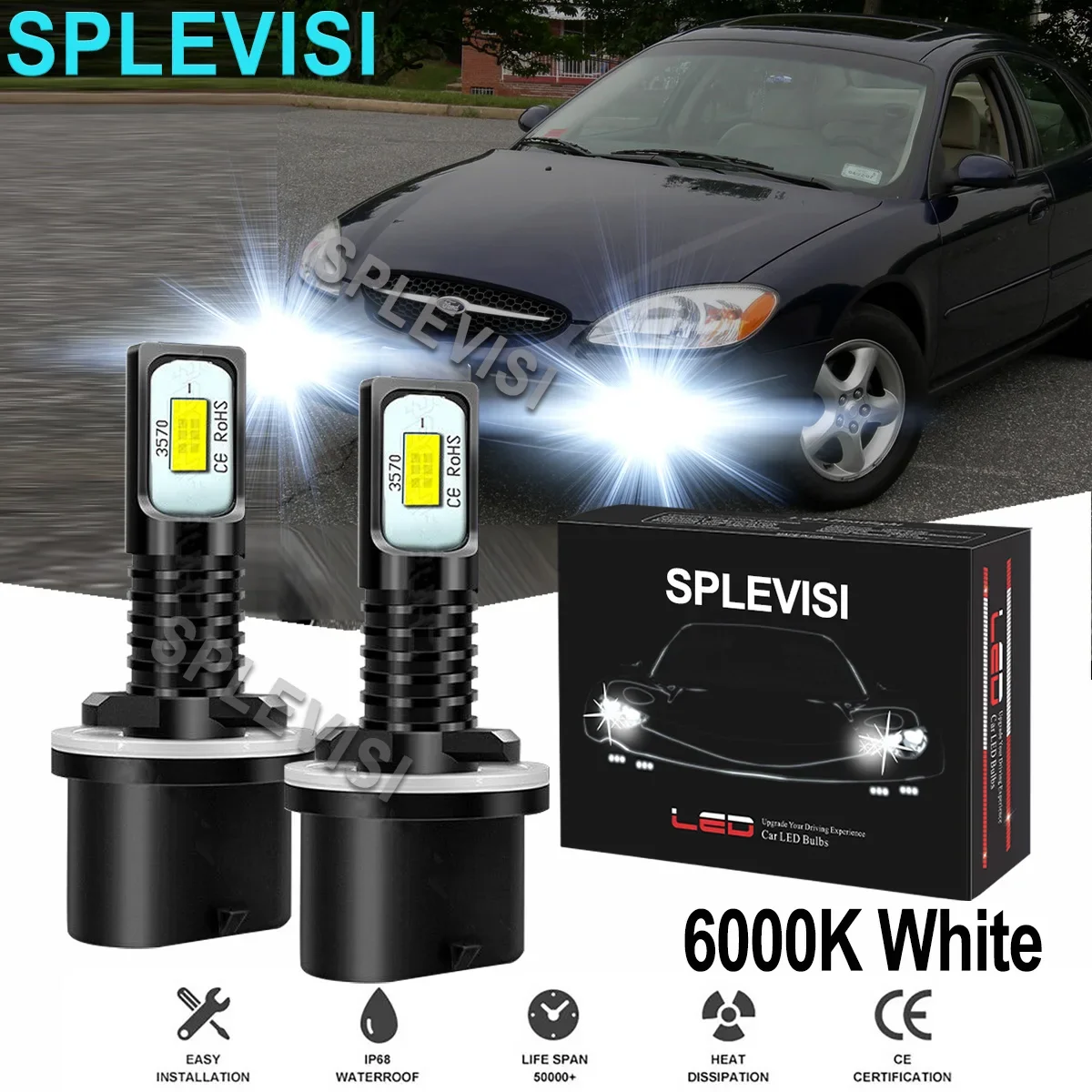 2x70W White Car LED Fog Light Bulbs 6000K Fit For Ford Taurus 2000-2007 Mustang Gt Svt Cobra 1999 2000 2001 2002 2003 2004