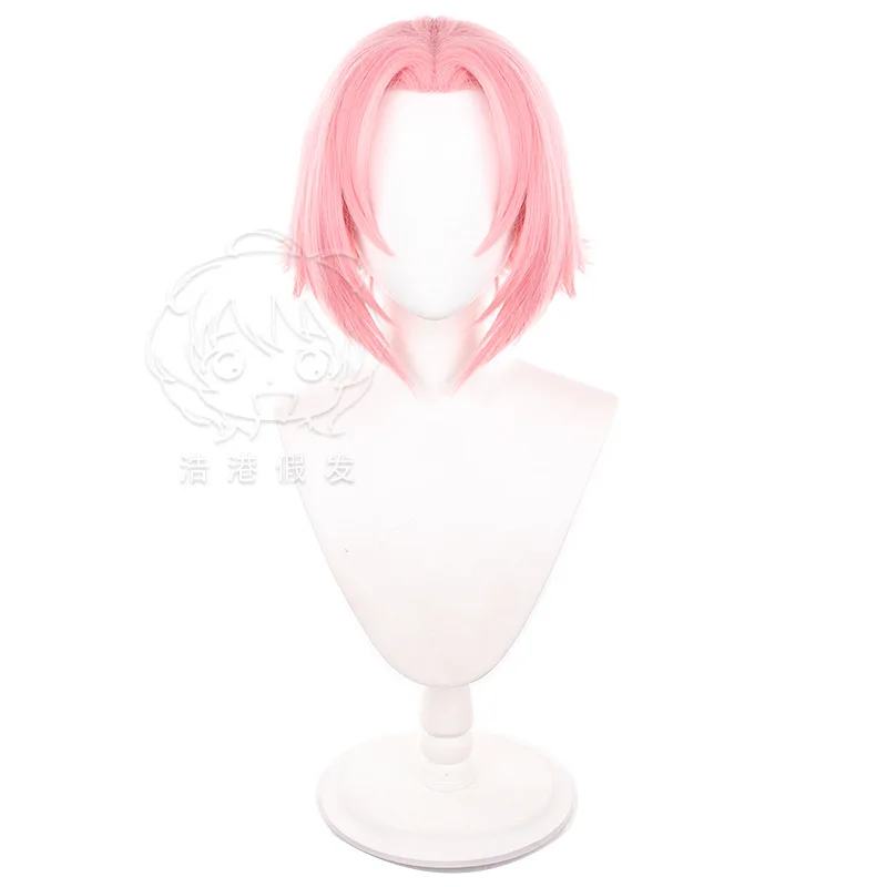 Anime Harlot Saku Cosplay Perruques pour Femme, Cheveux Synthétiques, Bonnet de Perruque, Court, Rose, Costume de ix, Degré de Chaleur, 35cm