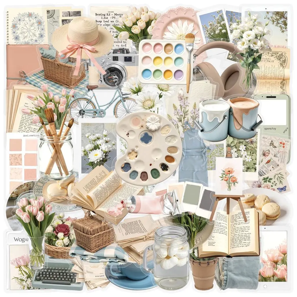 Transparent Botanical Drawing Sticker Pack 50 Sheets Flower Pattern Waterproof PET for Scrapbooking Giajar Sticker Store