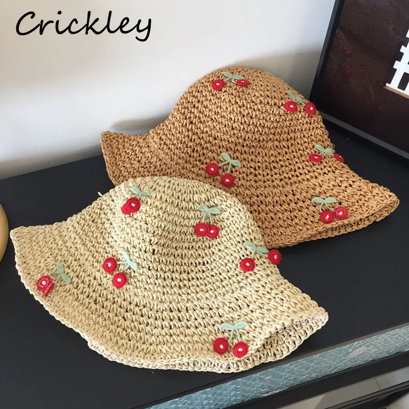 

Cherry Embroidery Girls Sun Hats Summer Outdoor Travel Children Straw Bucket Hats Woven Sunshade Soft Kids Beach Caps