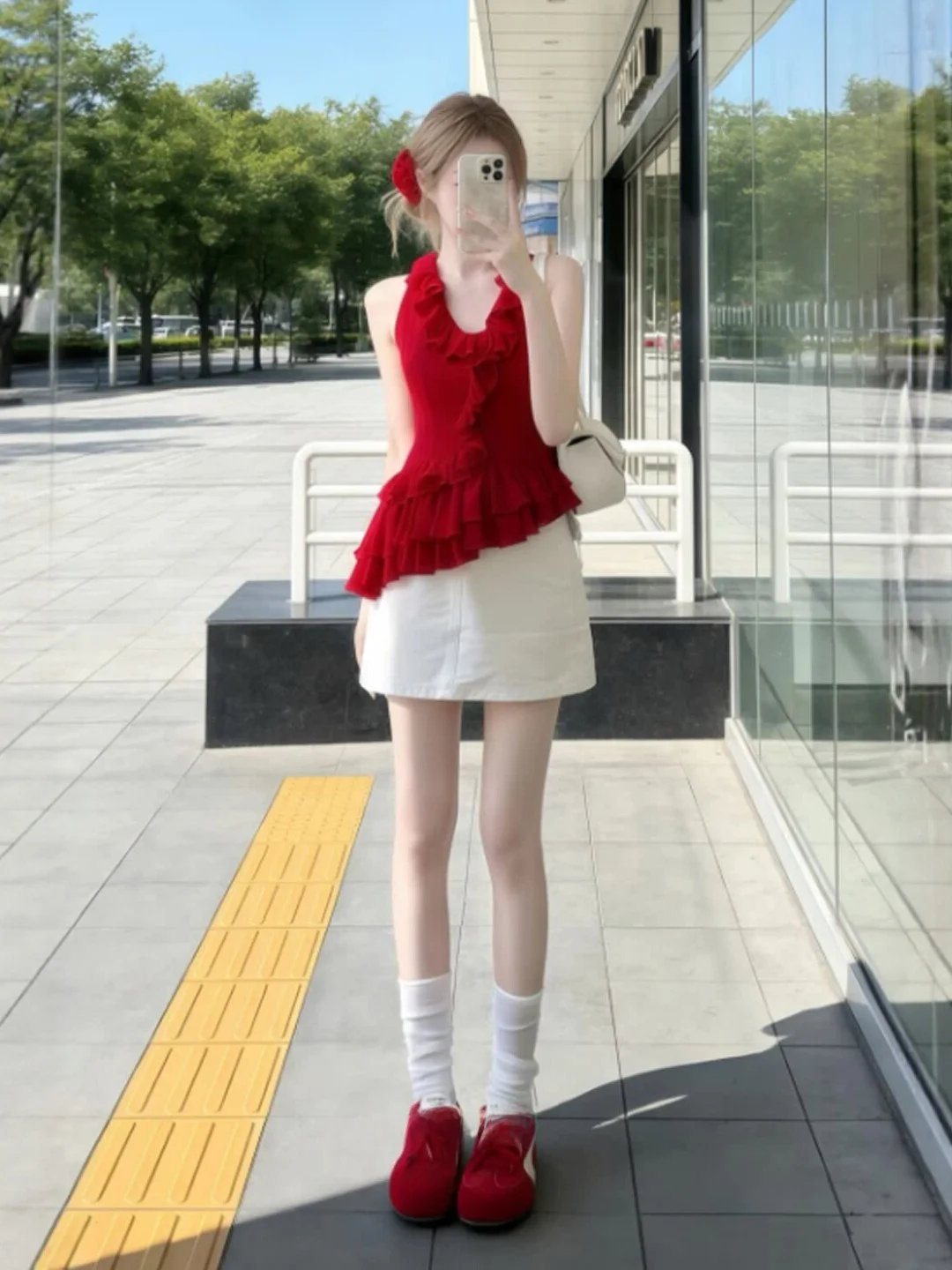 

Red Vaion Sle ter Top Skirt Set Beach Holiday Theme Two-Piece Women's Faion Spring Collection Cotton Blend Elastic