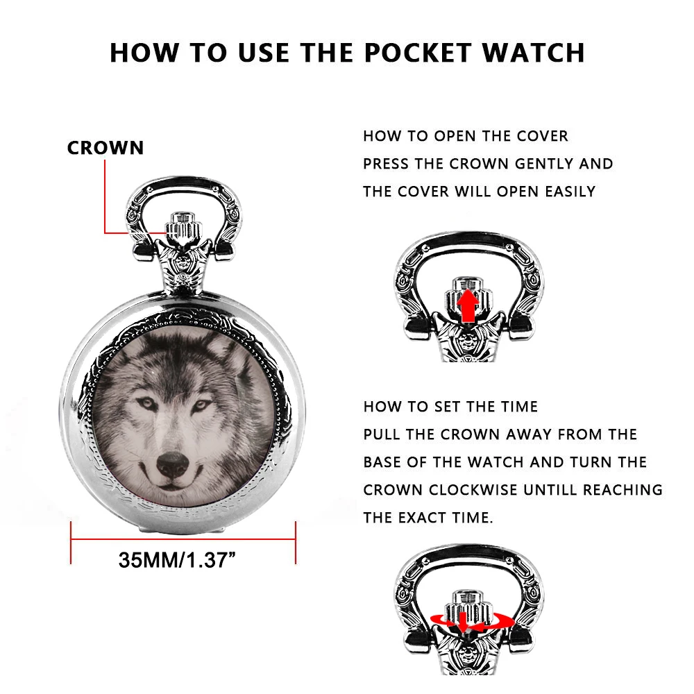 Exquisite Cool Wolf Pattern Quartz Pocket Watch with Necklace Pendant World-Time Feature, Analog Display for Women Men Kids