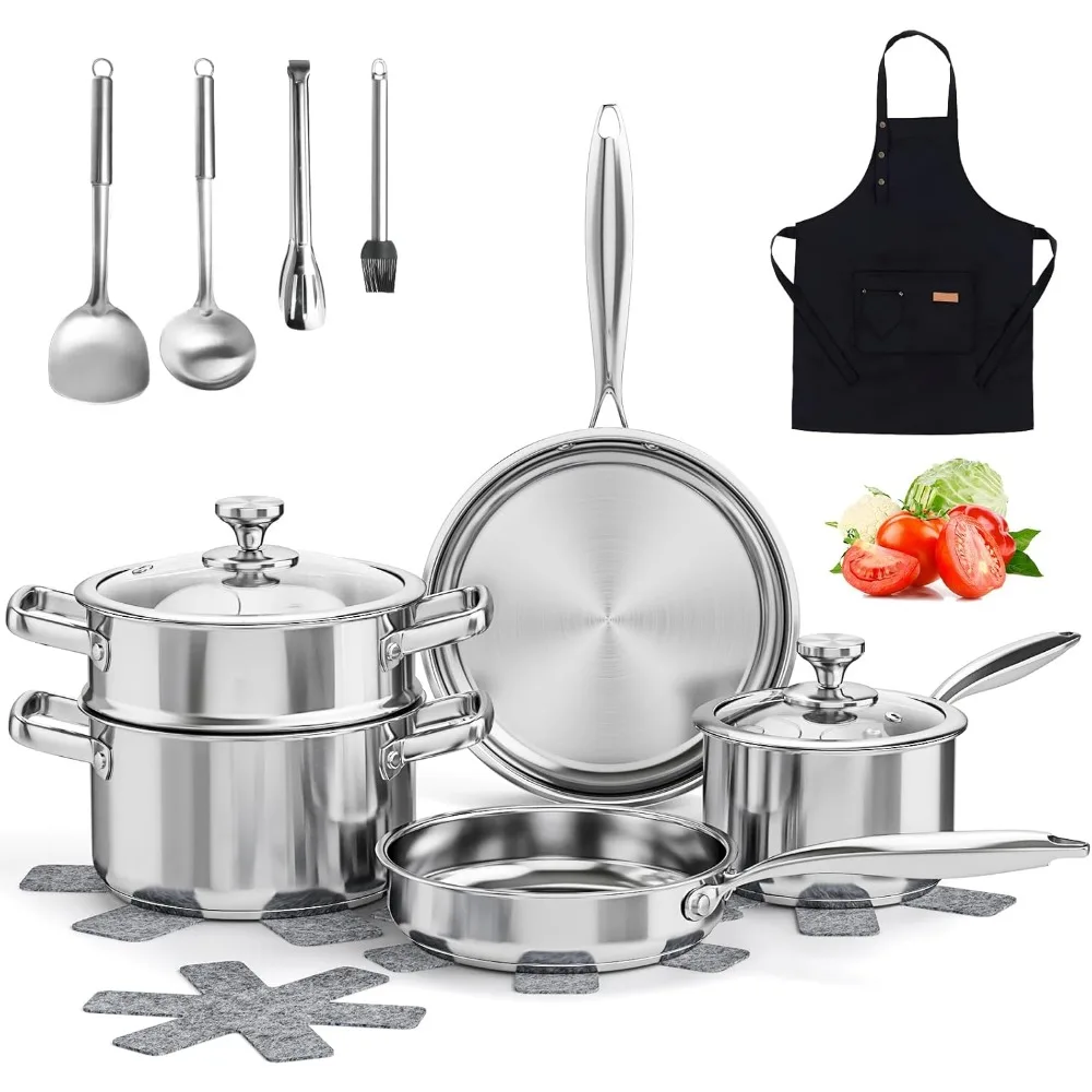

Stainless Steel Cookware Set, 16-Piece Pots and Pans Set Non Toxic, Kitchen Induction Cookware with Glass Lids, Steamer