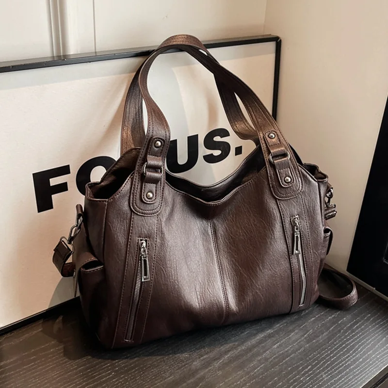 

Новая однотонная сумка на молнии с двойными основными карманами, большая вместительная сумка для женщин, швейная нить из искусственной кожи, модная женская дизайнерская сумка на плечо, кошелек