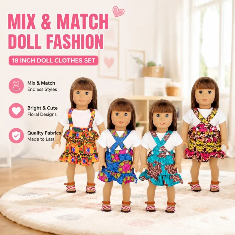Pattern Spaghetti Strap Dress with White T-shirt for 18 Inch American Girl Doll Assorted Outfit Set Kids Toy Fashion Changeable