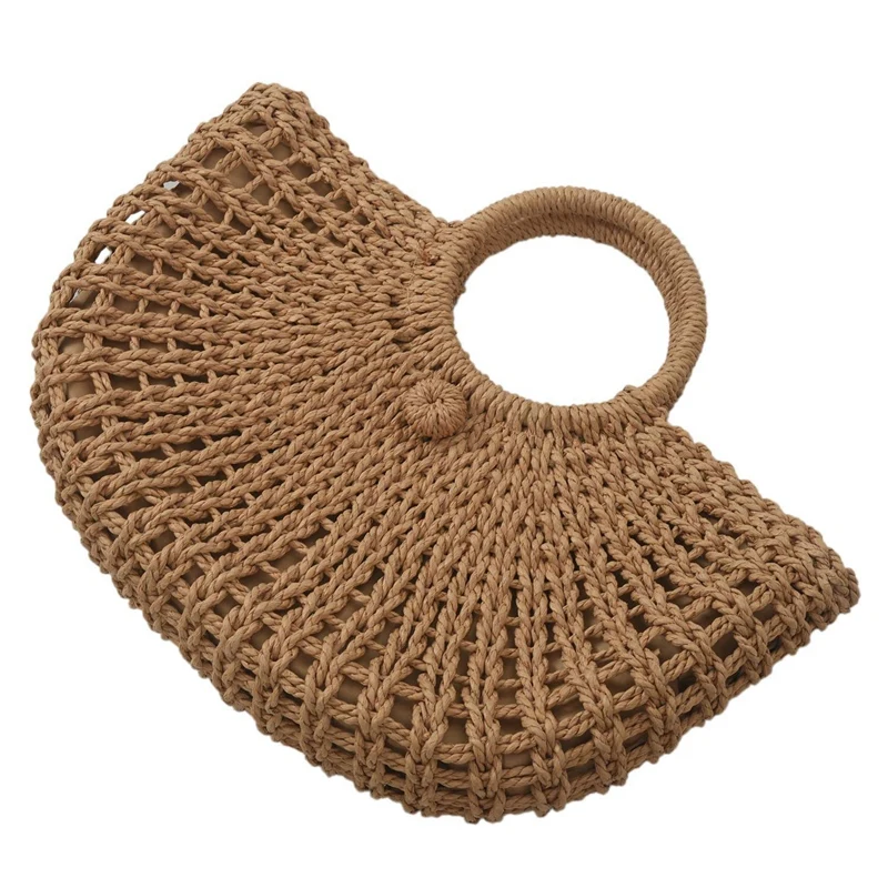 Straw Bag Paper Rope Round Bucket Hollow Woven Bag & Bead Hand-Woven Straw Bag Women Small Tote Bags