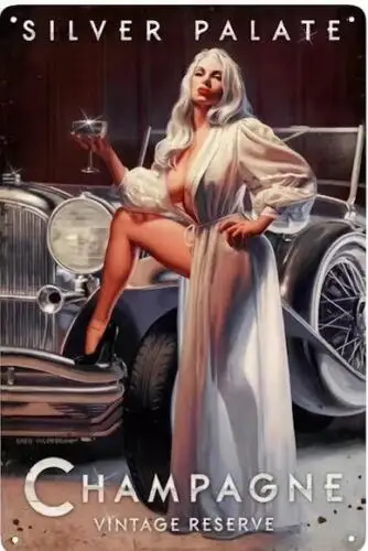 SILVER PALATE CHAMPAGNE METAL TIN SIGN  SEXY WOMAN DRESS SHOWING CHEST BAR ART sign