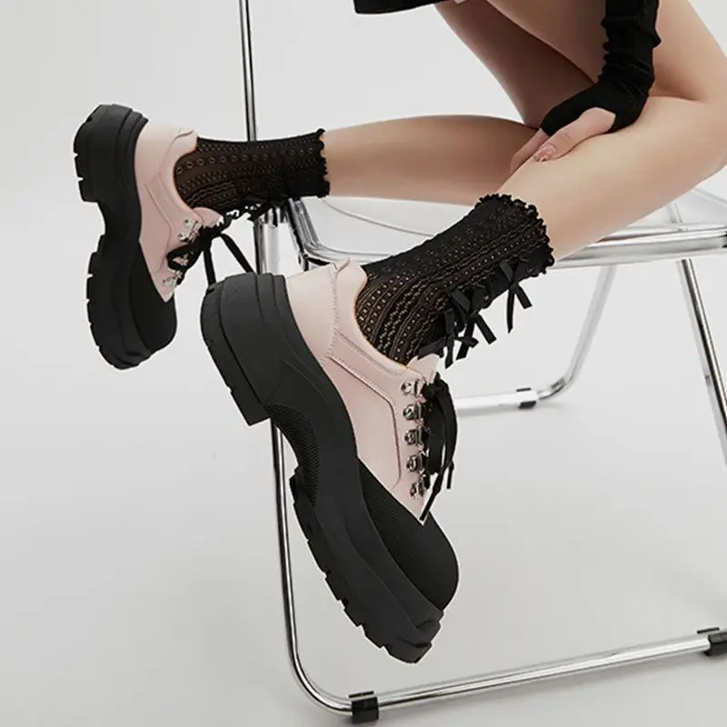 ラウンドトゥのレトロなレースアップスポーツシューズ,浅い口,スポンジケーキ,新しい春,2022