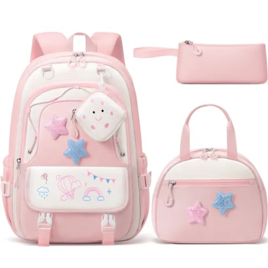

Backpack for Girls, 4 PCS Waterproof Teen Girls Backpack with Lunch Box, Pencil Case and Headphone Bag Set, Cute Bookbag Travel