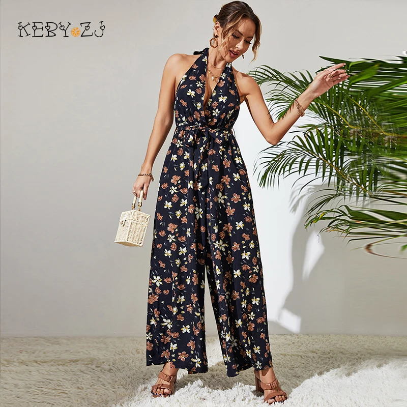 

Fashion Summer Clothes Long Jumpsuits For Women Urban Office Party Sleeveless Halter Neck Sexy Deep V Floral Print Blue Jumpsuit