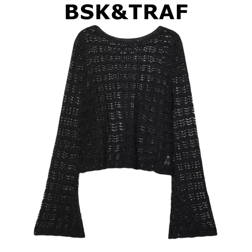 

BSK&TRAF2025 New Summer Product Women's Jacquard Mesh Long-sleeved Round Neck Short Sweater 6771/064