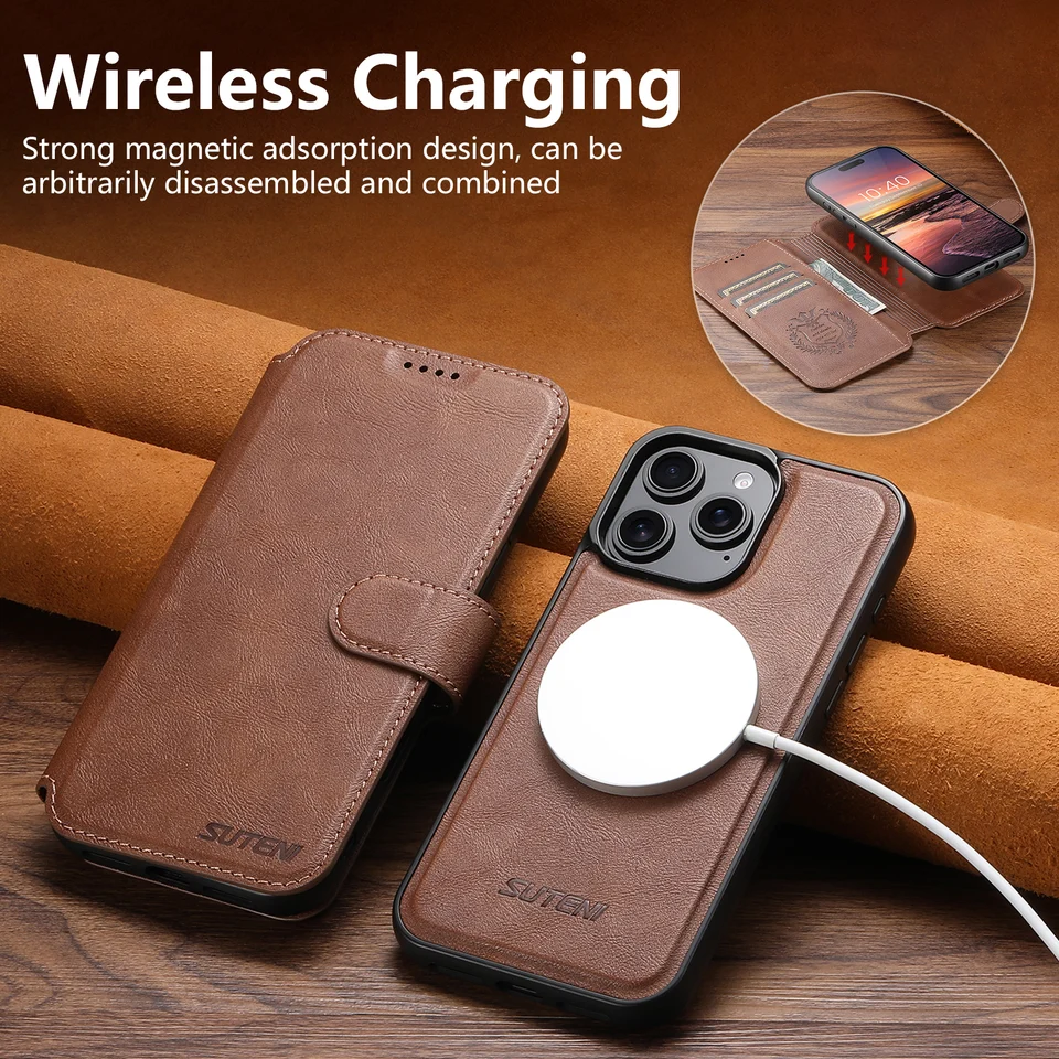 Billetera de cuero PU con soporte para tarjeta y cargador inalámbrico soporte billetera cubierta magnética de flip para iPhone 17 Pro Max 16 Plus 15 14 13 12 2