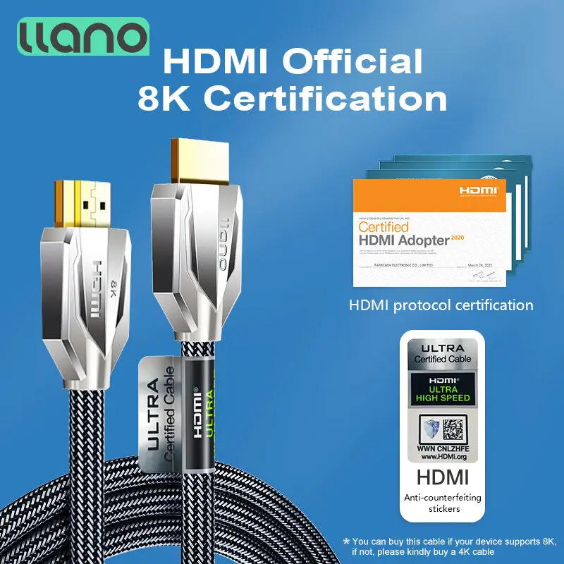 

llano HDMI 8K Certified HDMI 2.1 Certified Cable 8K/60Hz 4K/120Hz 2K144Hz Ultra High-Speed 48Gbps Cable 3D HDR Cable
