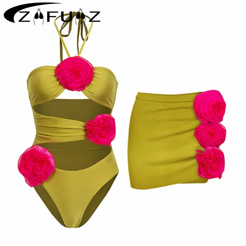 Hollowen-Maillot de bain une pièce, sexy, avec couverture, pour femmes, vêtements de plage, patchwork, avec ceinture