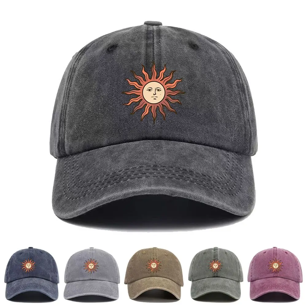 Vintage Washed Baseball Cap Tarot Sun Face Medieval Sun God Print Graphic Unisex Streetwear Casual Trucker Style Cotton Hat