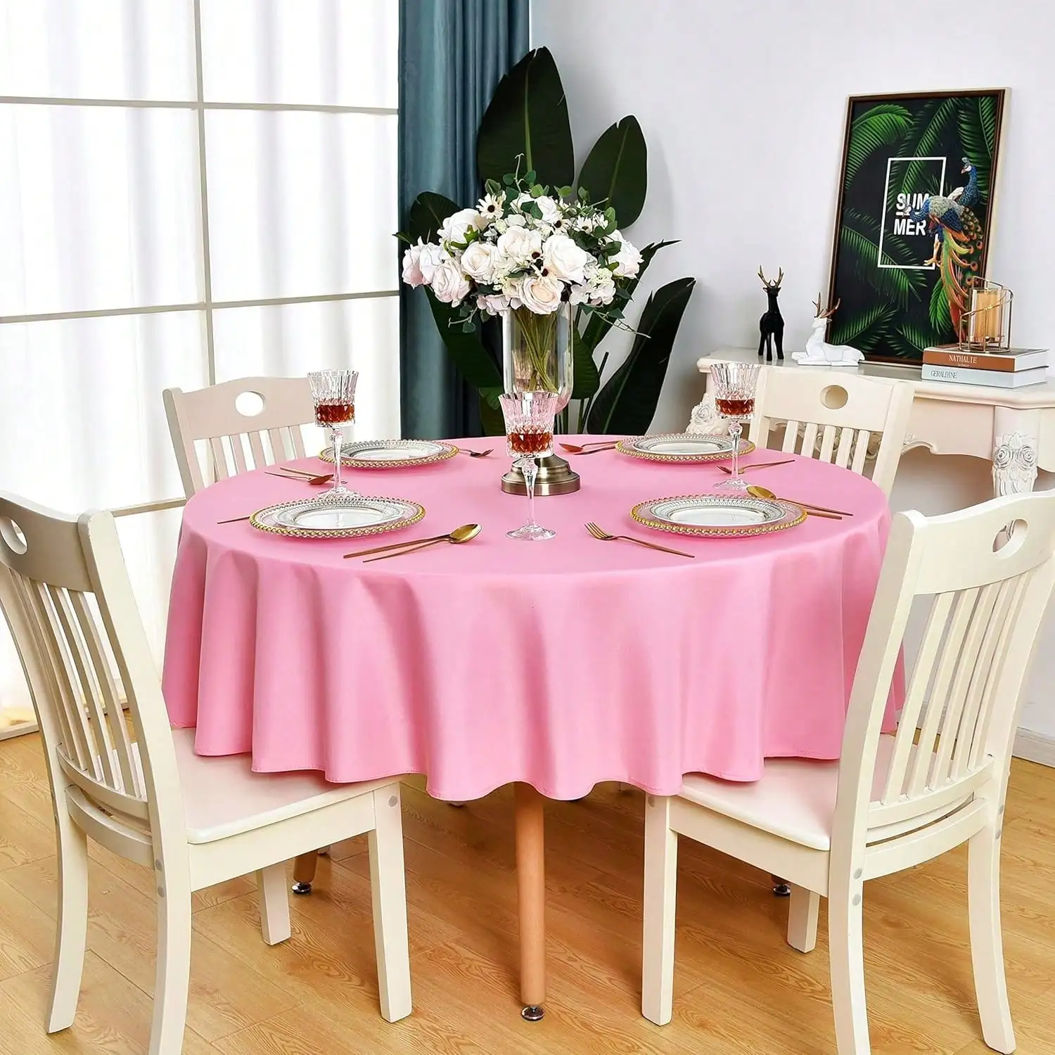 

Solid Pink Satin Round Tablecloth for Dining, Parties and Home Decor