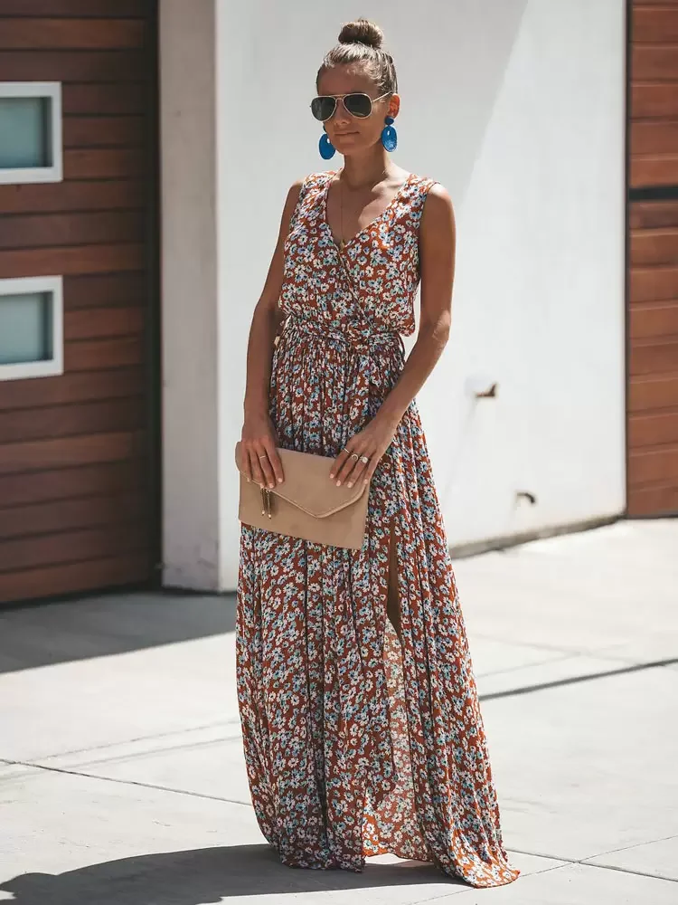 Elegant Romantic V-neck Printed Side-Slit Long Dress for Ladies Fashionable Maxi Gown
