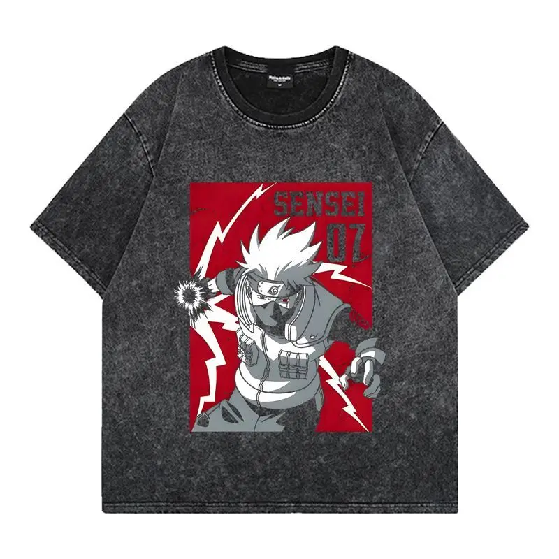 

NARUTO Pure Cotton T-shirt Washed and Aged Short-sleeved Oversized Off-the-shoulder Summer Anime Men's T-shirt Trend