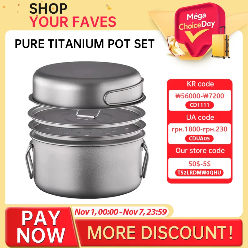 Pure titanium pot, lightweight Camping Pot, outdoor hiking Cutlery Set, portable stockpot and frying pan picnic tableware set