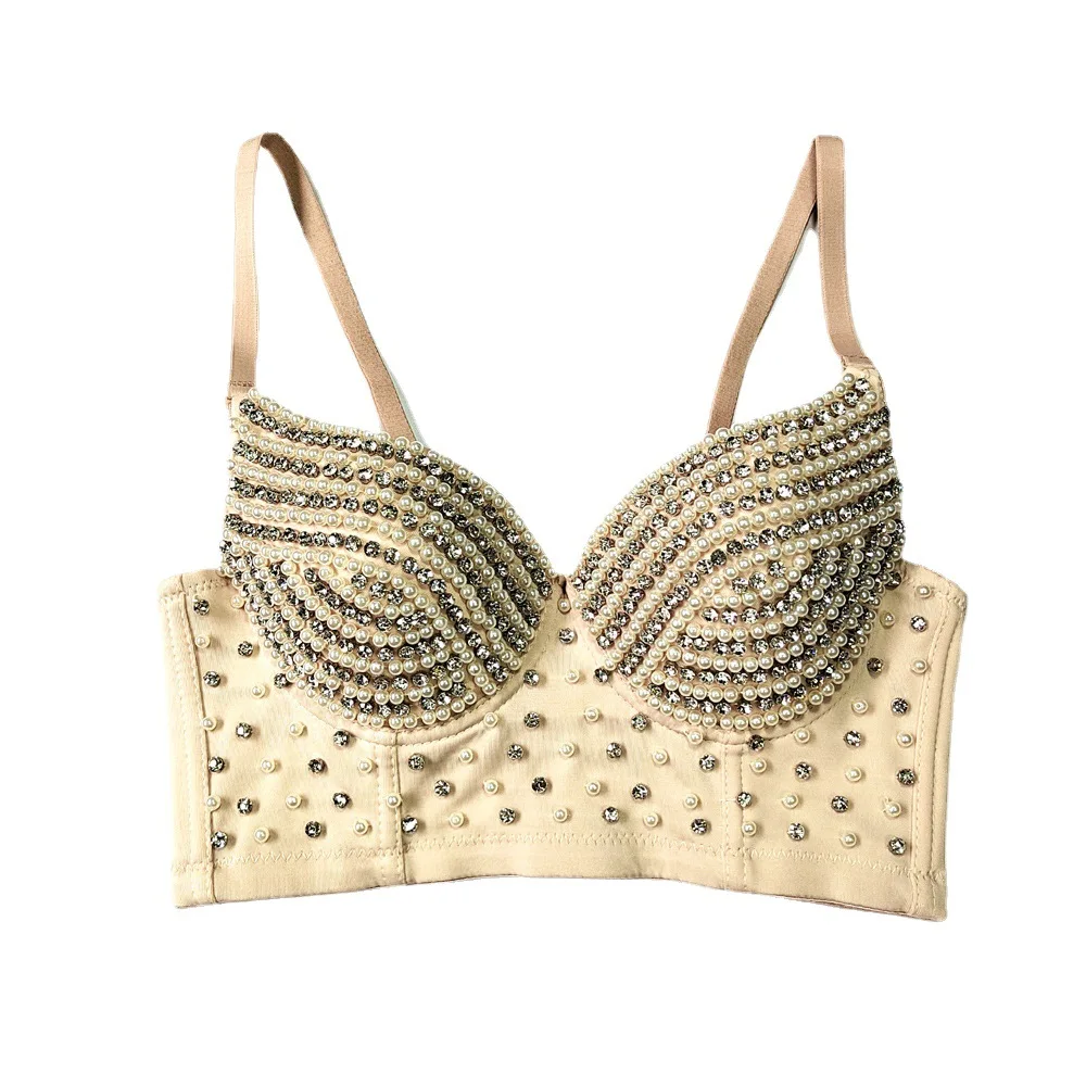 Biustonosz A862 z diamentami, zdobiony koralikami, do chińskiego tańca ludowego, damska odzież, słodki, krótki biustonosz bez ramiączek z ozdobami z koralików, idealny do klubu nocnego.