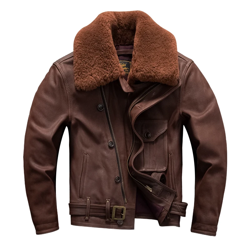 Red Brown Winter Leather Jacket Men Retro Style Plus Size 5XL Genuine Natural Thick Cowhide Diagonal Zipper Leather Coat