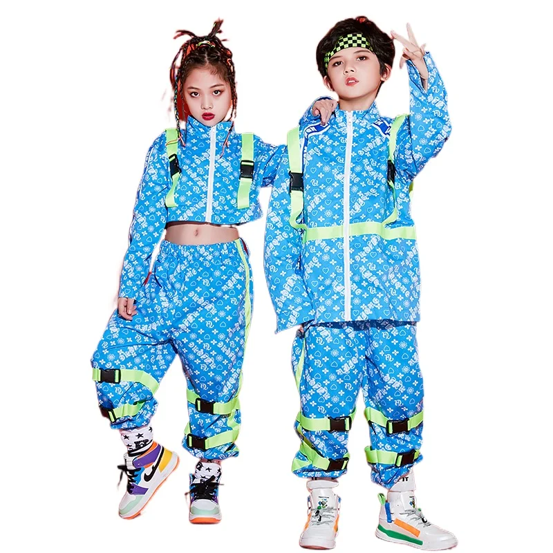 

Kids Hip hop Costume Girls Jazz Dance Tops Pants Blue Set Loose Street Dance Clothing For Boys Show Stage Outfit Wear