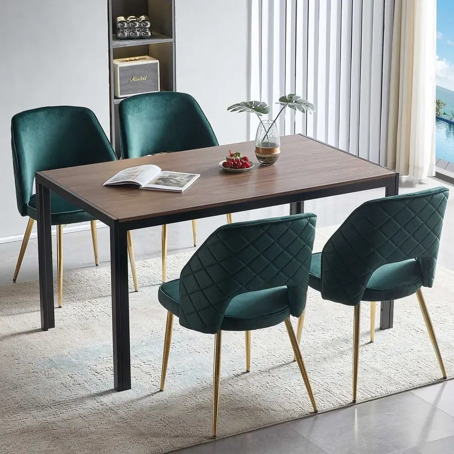 Ensemble de 4 chaises de salle à manger modernes, chaises d'appoint rembourrées en tissu velours vert forêt avec pieds en métal doré, chaise latérale à dossier rond