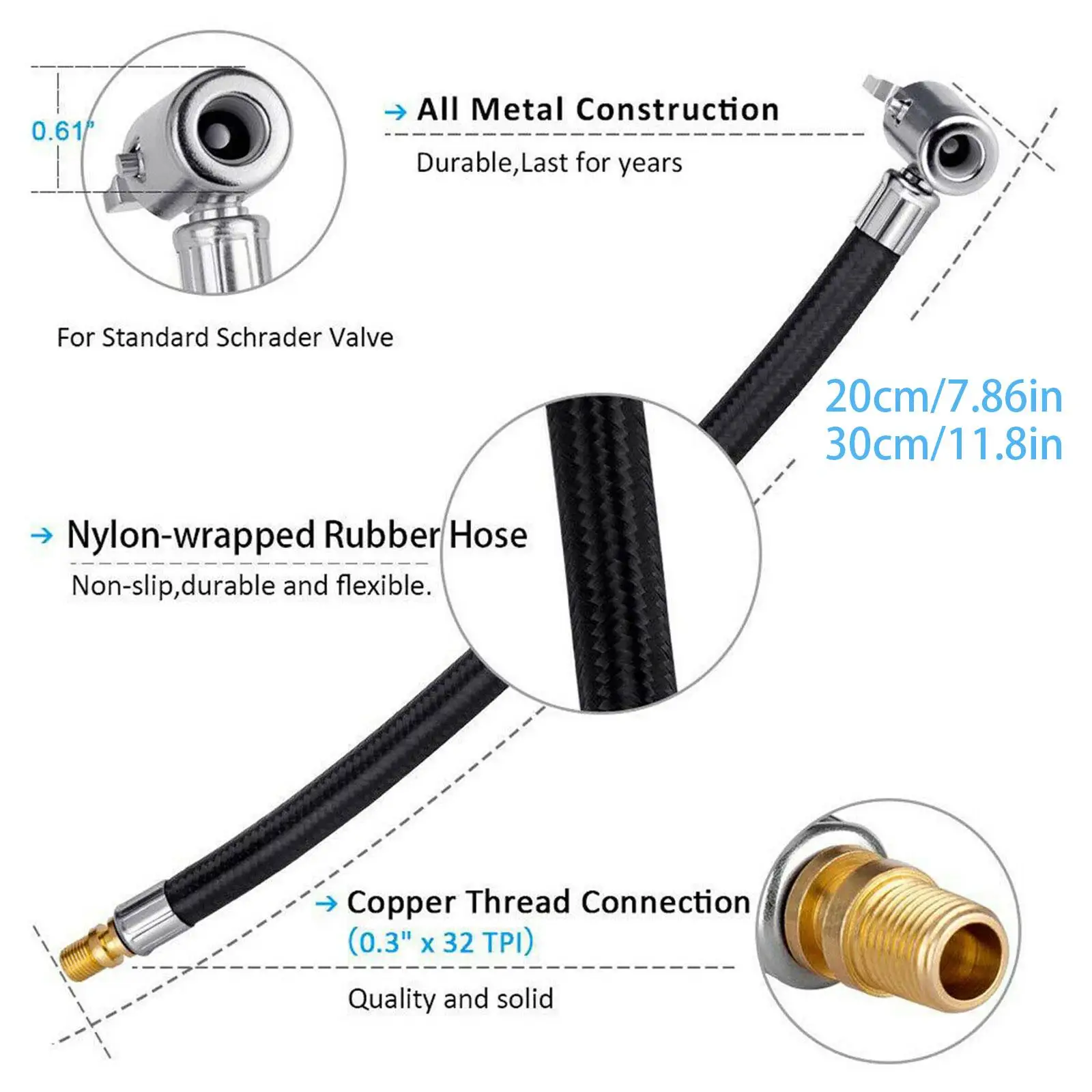 20/30cm Inflator do opon samochodowych Wąż nadmuchiwany Połączenie pompy powietrza Blokowanie skrętu Adapter rury powietrznej Uchwyt Przedłużenie opony X5Z5