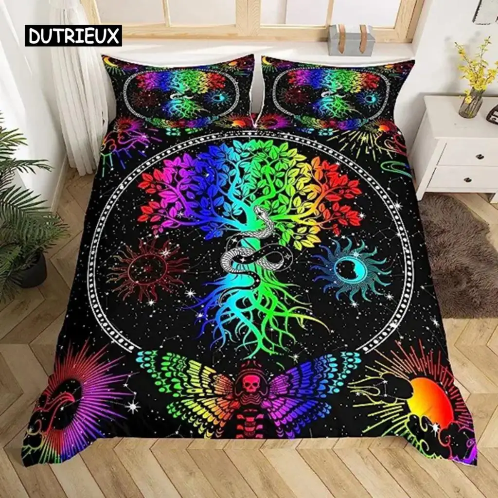 

Duvet Cover Colorful Tree Of Life Bohemian Bedding Set For Adults Child Exotic Skull Moth Comforter Cover Trippy Sun And Moon