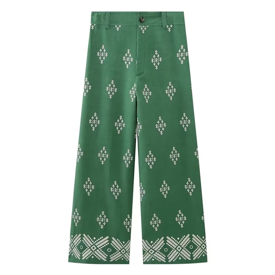 

Withered Moroccan Bohemian Retro Geometric Cropped Pants Embroidery High Waist Straight Leg Casual Pants Women