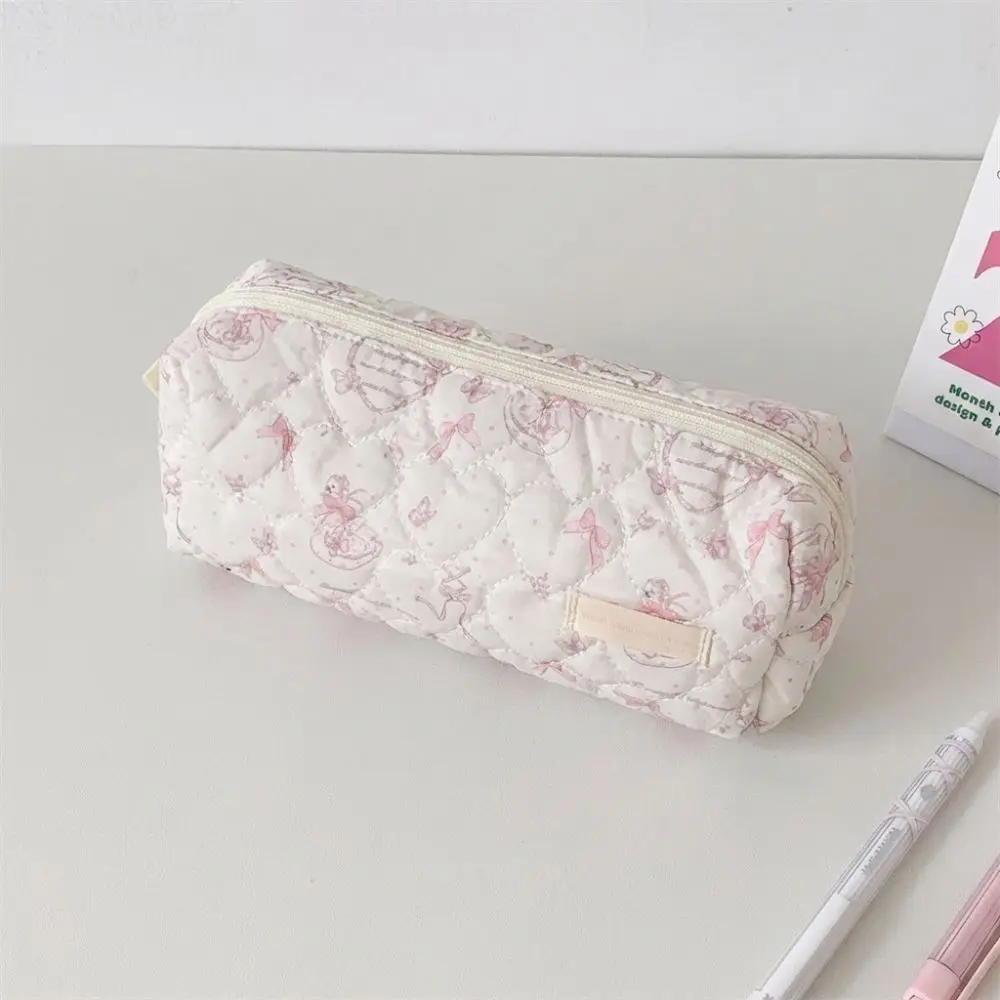 Large Capacity Pink Swan Quilted Pencil Case Bow-knot Single Layer Stationery Bag Zipper Closure Stationery Box School Supplies