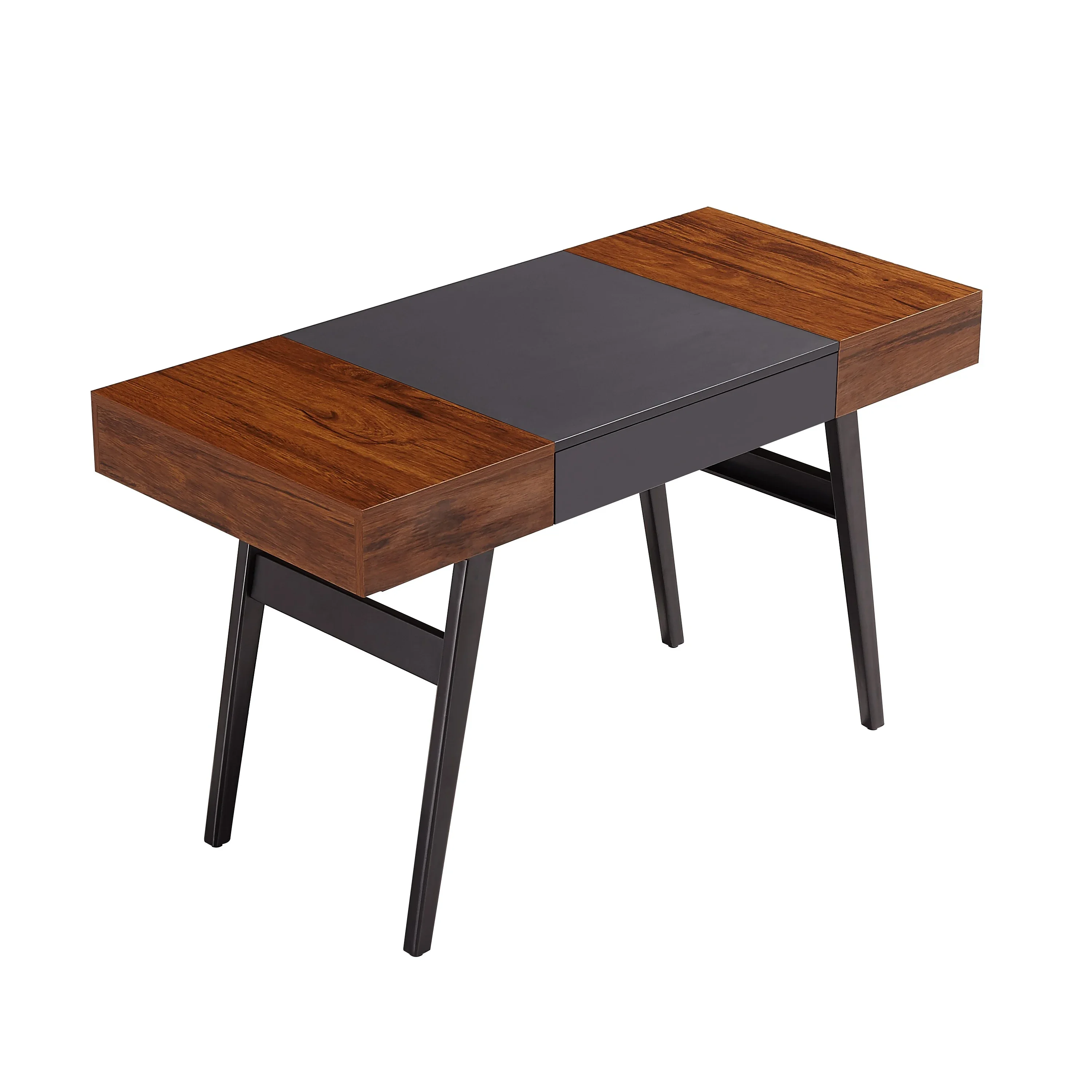 Techni Mobili Writing Desk - Dual Side & Pull-Out Front Drawer - Coated Grey Steel Frame - Mahogany