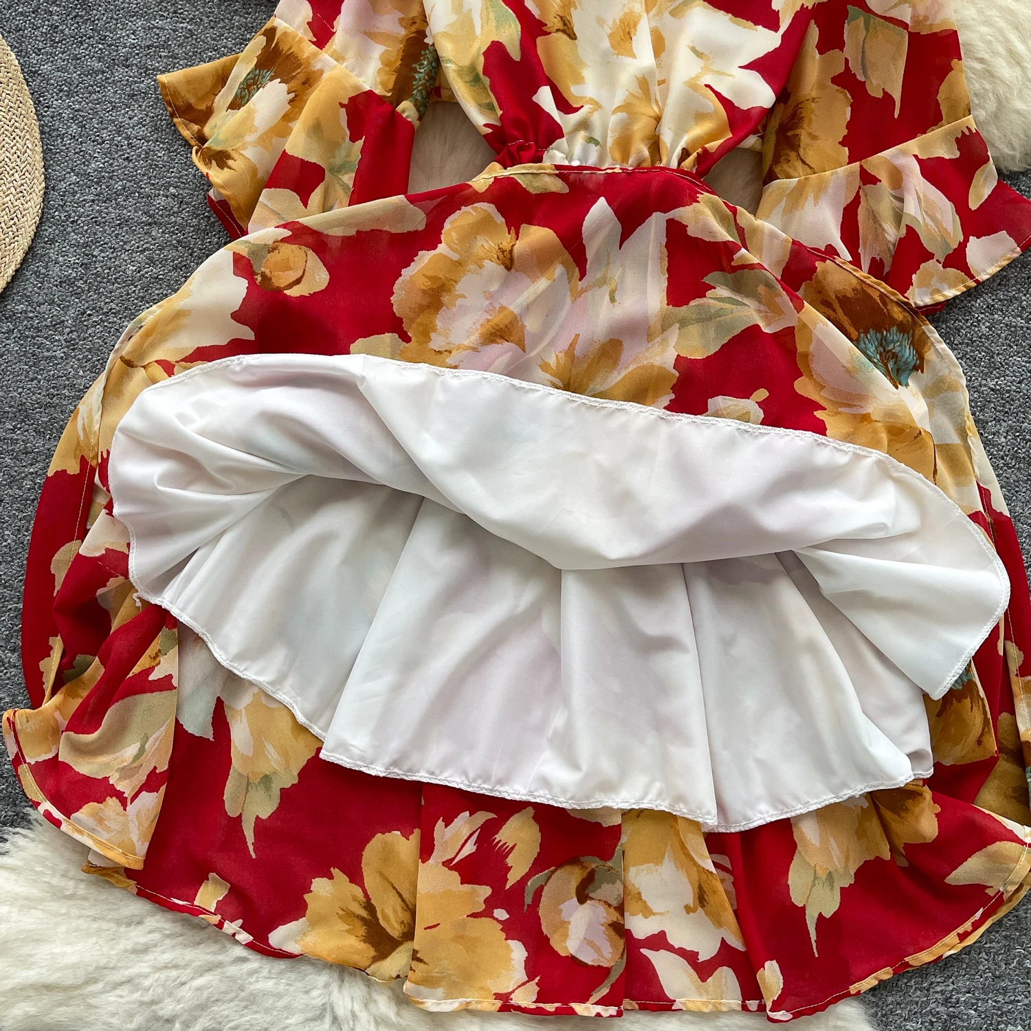 Elegancka, seksowna sukienka letnia w stylu vintage, z dekoltem w serek, szyfonowa, z nadrukiem, dopasowana, w stylu koreańskim, boho, odzież damska.