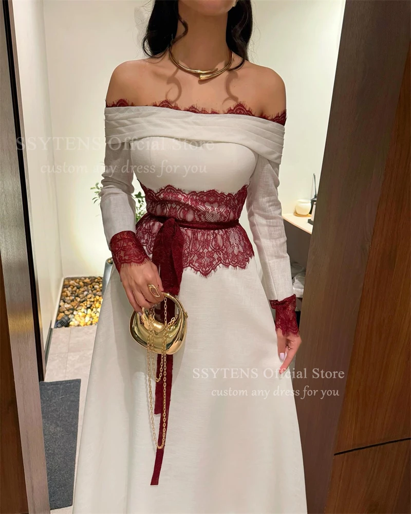 SSYTENS Lace Saudi Evening Dress Off Shoulder Long Sleeve A Line Wedding Prom Party Dress Women Dubai Formal Gowns Customized
