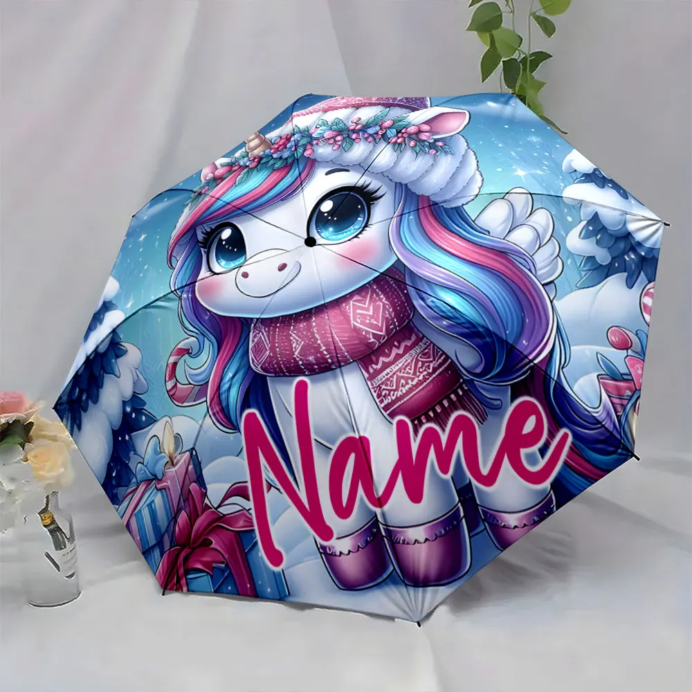 Custom Name Colorful Unicorn Design Umbrella for Kids Print 8 Iron Ribs Folding Umbrella Auto-Open Fashion Sunshade