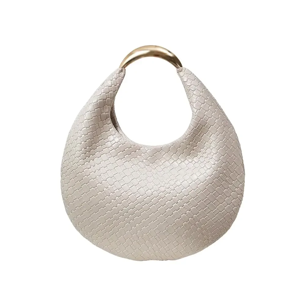 Women's Woven Handbag Elegant Clutch Purse Metal Top Handle Cresent Evening Bag Retro PU Leather Clutch Purse