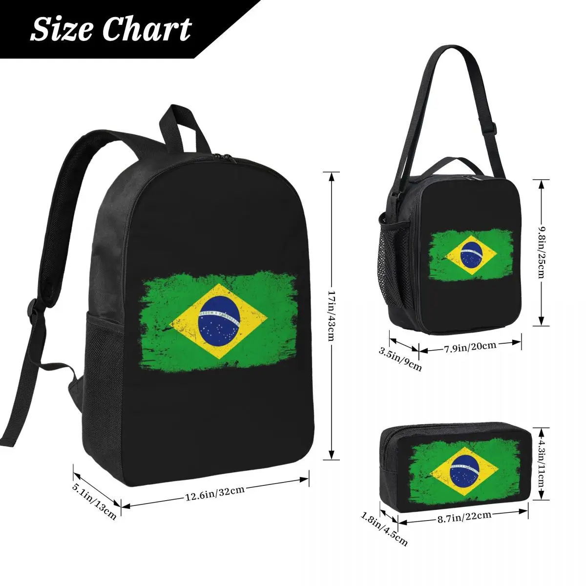Brazil Country Flag Brazil Tourist Brazil Team Backpack BookBag School Bag Shoulder Bags 3ps Insulated Lunch Bag Pencil Case