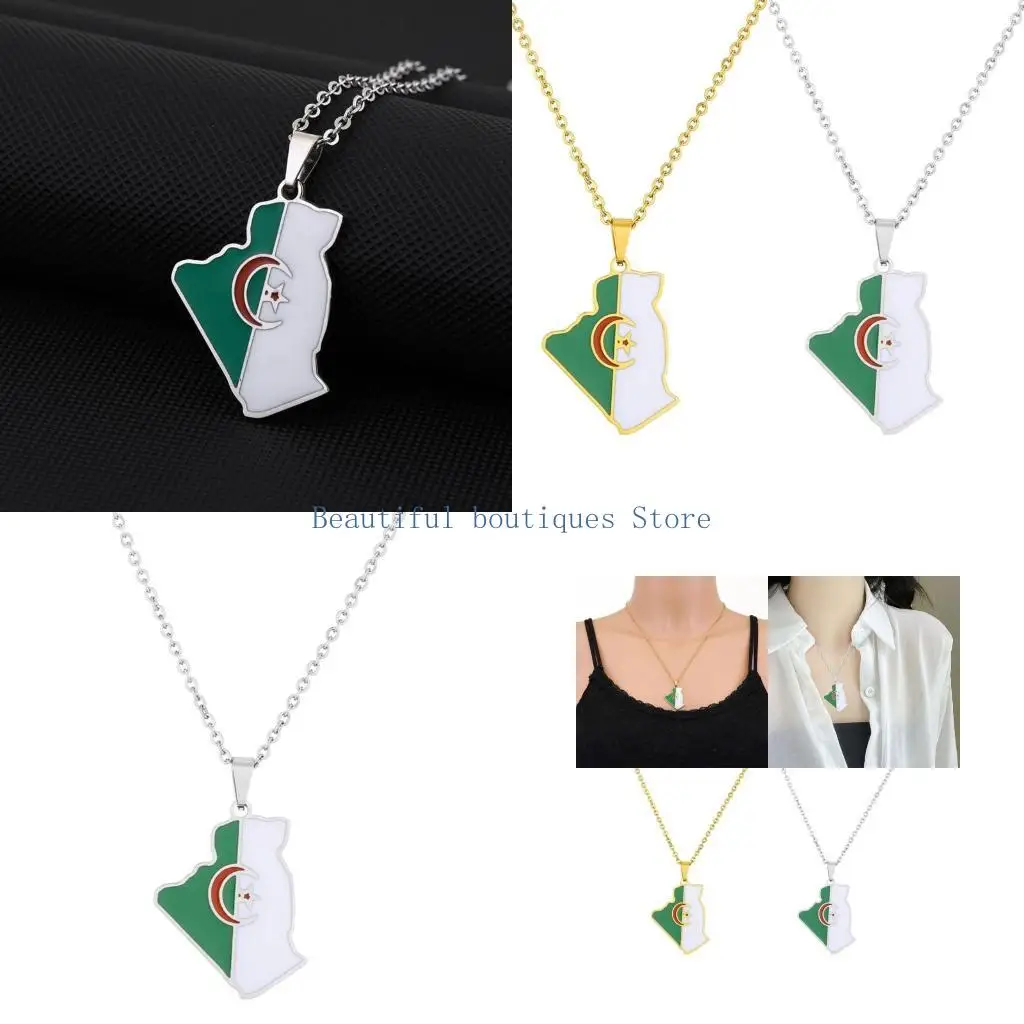U4LF Stainless Steel Algeria Map Pendant Necklace Women Men Fashion Jewelry Silver/Gold Color Patriotism Country Choker