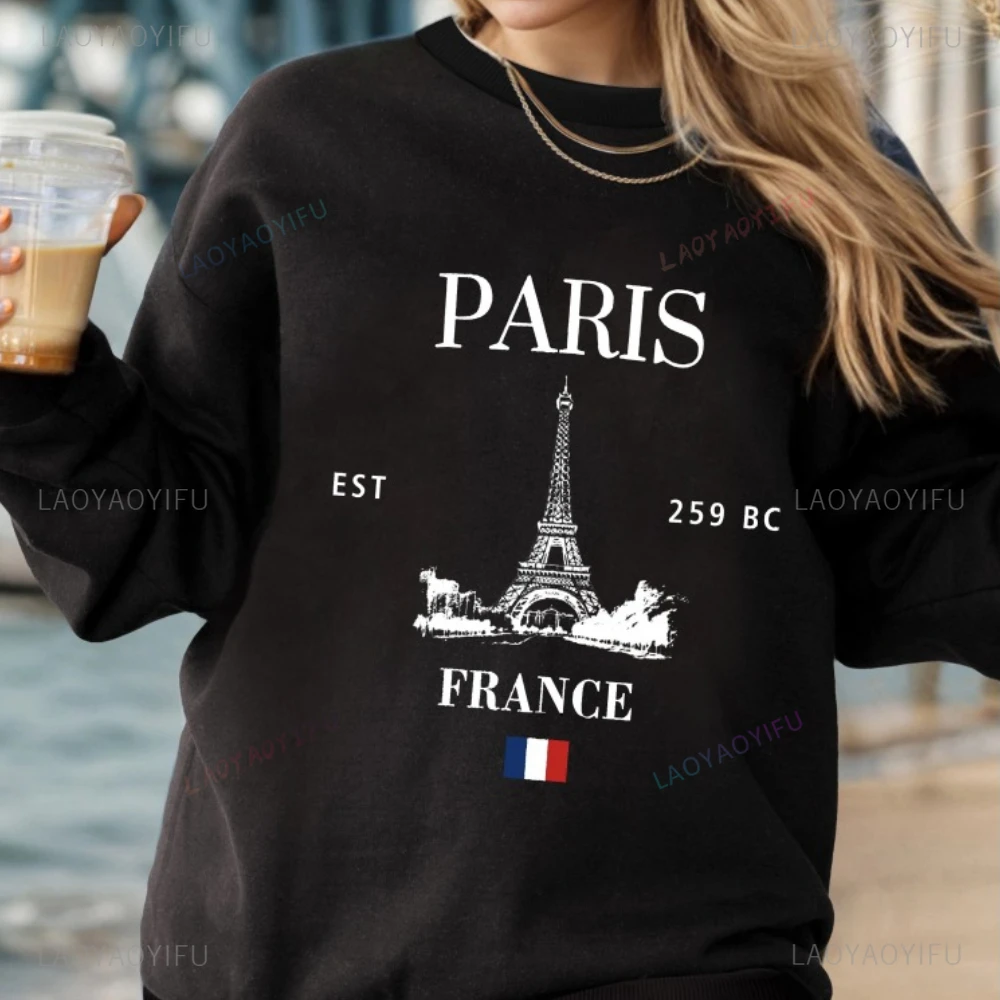 Paris Print Loose Sweatshirt Casual Long Sleeve Crew Neck Sweatshirt Women's Clothing Casual for Daily Wear and Casual Outings