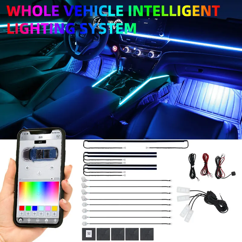 18 In 1 LED Car Ambient Lights Interior LED Acrylic Strip Light RGB 64 Color Light Guide Fiber Optic Decoration Atmosphere Lamp