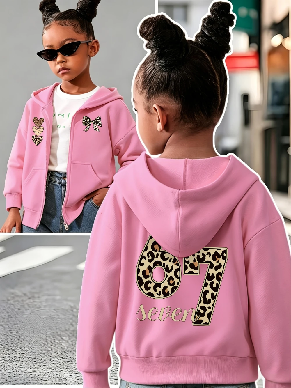 Boys Girls Pink Leopard Number Graphic Printed Zip Up Hoodie Sweatshirt Teen Heart Bow Front Back Print Pocket Fall Jumper